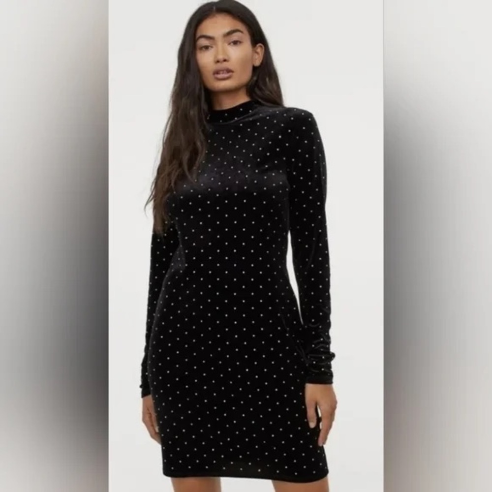 Velour Studded Mock Neck Black Dress - Picture 2 of 7
